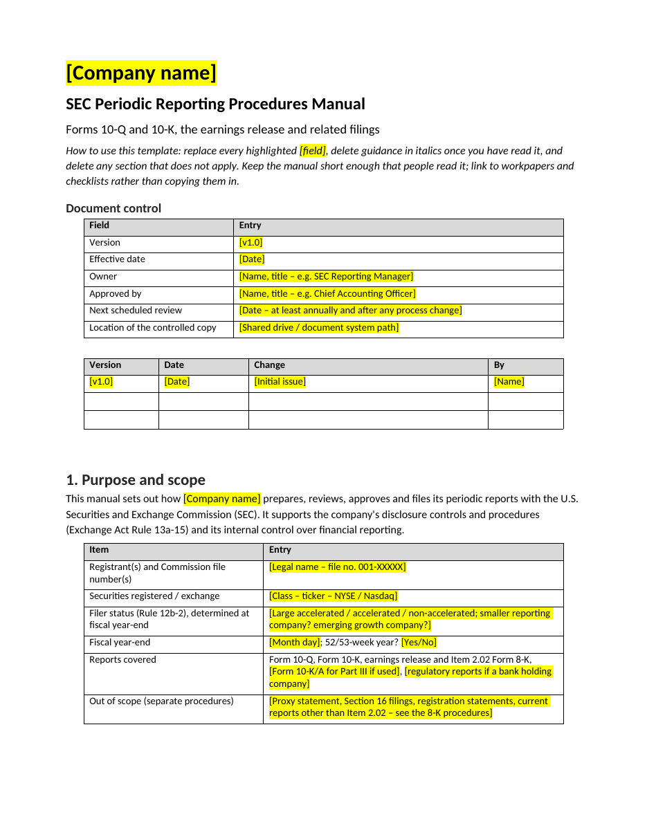 SEC Reporting Procedures Manual Template for the 10-Q and 10-K (Word): Page 1
