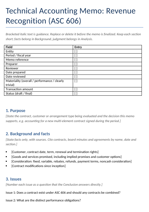 Technical accounting memo template for Word: ASC 606 revenue recognition memo, first page