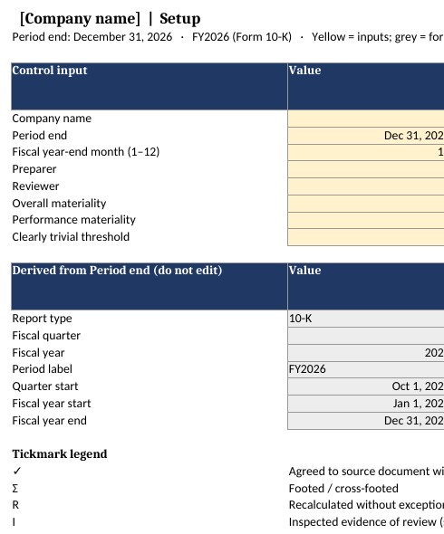 Management Review Control template for Excel: Setup tab